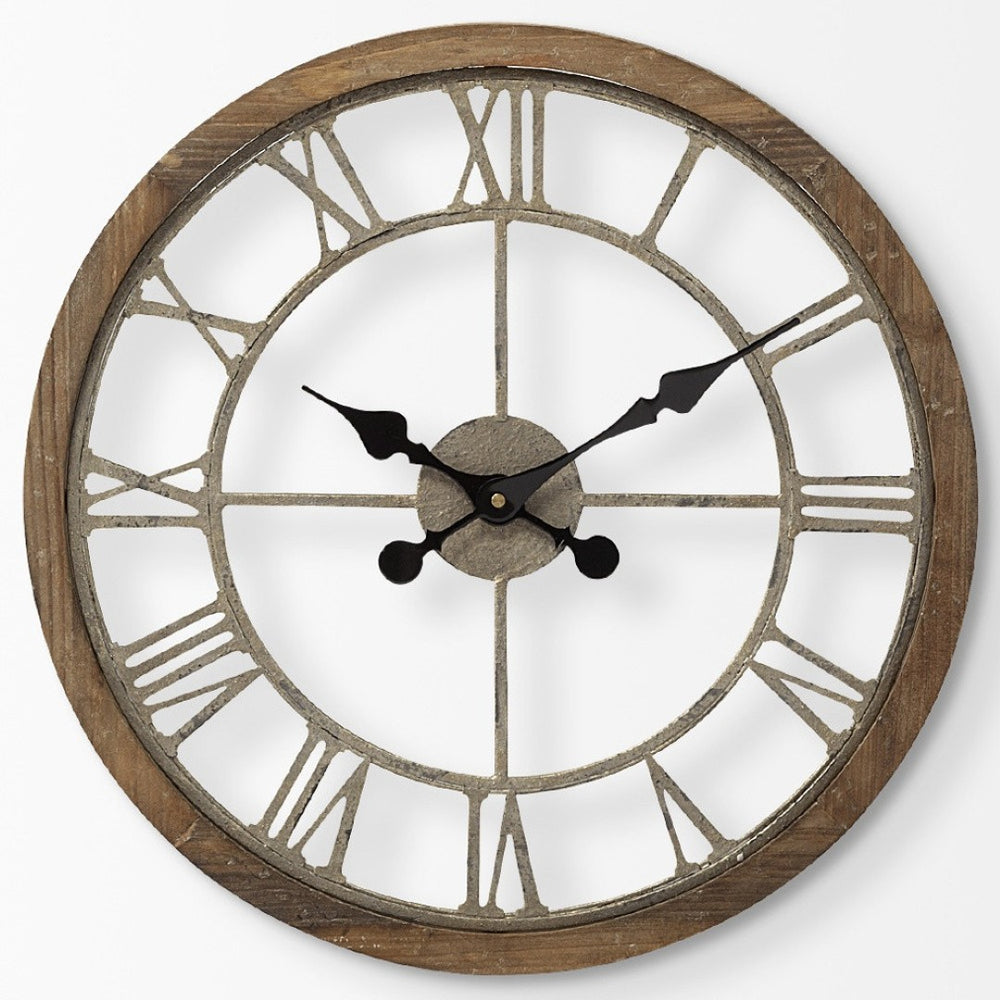 HomeRoots 19" Rustic Modern Farmhouse Round Wall Clock – Whitewashed Brown Wood & Open Face Design for Easy Readability 376254