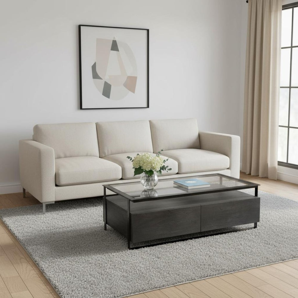 HomeRoots 30" Modern Clear Glass Coffee Table with Sleek Black Metal Base, 4 Drawers, and Lower Shelf Storage 376270