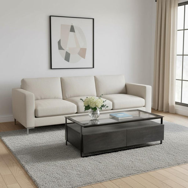 HomeRoots 30" Modern Clear Glass Coffee Table with Sleek Black Metal Base, 4 Drawers, and Lower Shelf Storage 376270