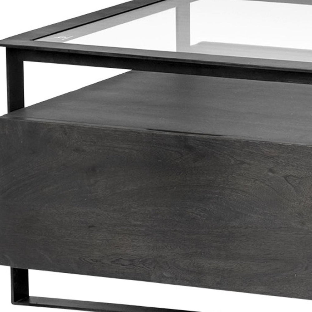 HomeRoots 30" Modern Clear Glass Coffee Table with Sleek Black Metal Base, 4 Drawers, and Lower Shelf Storage 376270