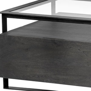 HomeRoots 30" Modern Clear Glass Coffee Table with Sleek Black Metal Base, 4 Drawers, and Lower Shelf Storage 376270