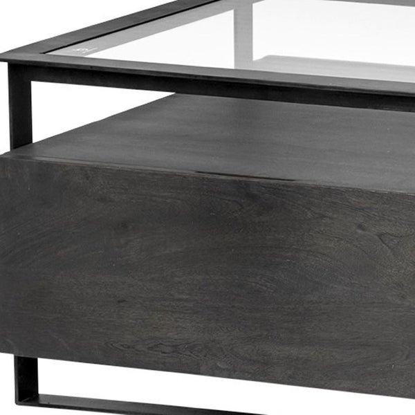 HomeRoots 30" Modern Clear Glass Coffee Table with Sleek Black Metal Base, 4 Drawers, and Lower Shelf Storage 376270