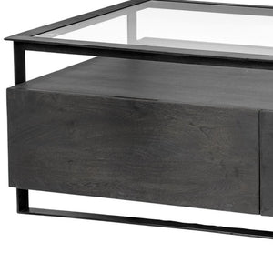 HomeRoots 30" Modern Clear Glass Coffee Table with Sleek Black Metal Base, 4 Drawers, and Lower Shelf Storage 376270