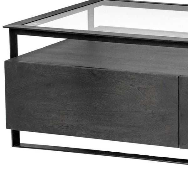 HomeRoots 30" Modern Clear Glass Coffee Table with Sleek Black Metal Base, 4 Drawers, and Lower Shelf Storage 376270