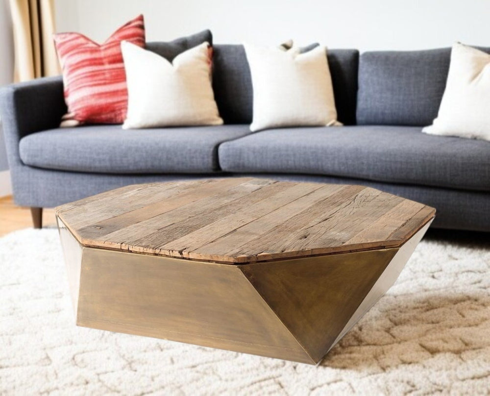 HomeRoots 48" Octagon Lift-Top Coffee Table - Distressed Solid Wood with Storage for Rustic Charm & Functionality 376274