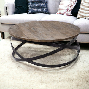 Homeroots 41" Brown And Black Solid Wood And Metal Round Coffee Table   376275