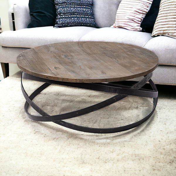 Homeroots 41" Brown And Black Solid Wood And Metal Round Coffee Table   376275