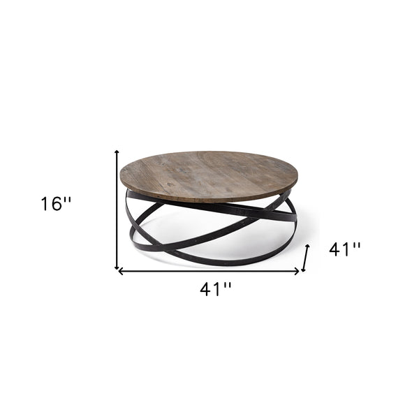 Homeroots 41" Brown And Black Solid Wood And Metal Round Coffee Table   376275