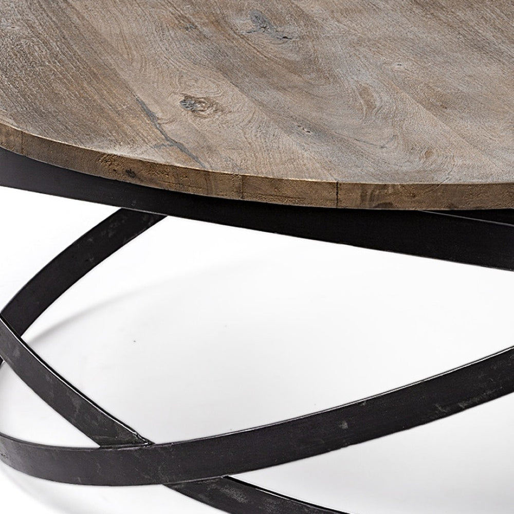 HomeRoots 41" Rustic Round Coffee Table - Solid Wood & Black Metal Base for Modern Industrial Living Spaces 376275