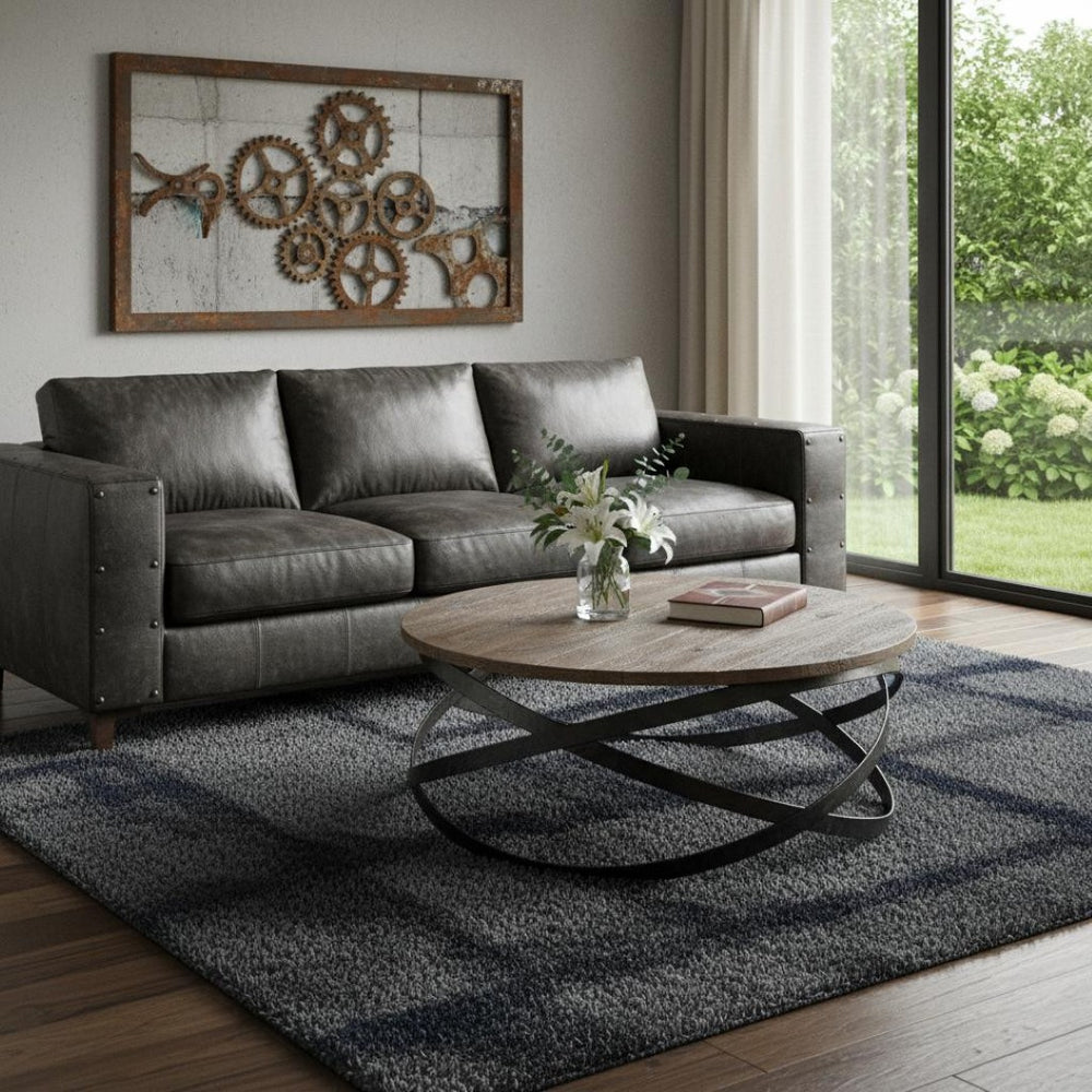 HomeRoots 41" Rustic Round Coffee Table - Solid Wood & Black Metal Base for Modern Industrial Living Spaces 376275