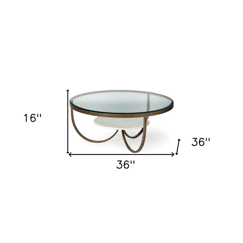 HomeRoots 36" Brown and Gold Round Coffee Table with Shelf - Modern Wood & Metal Accent for Living Spaces 376276