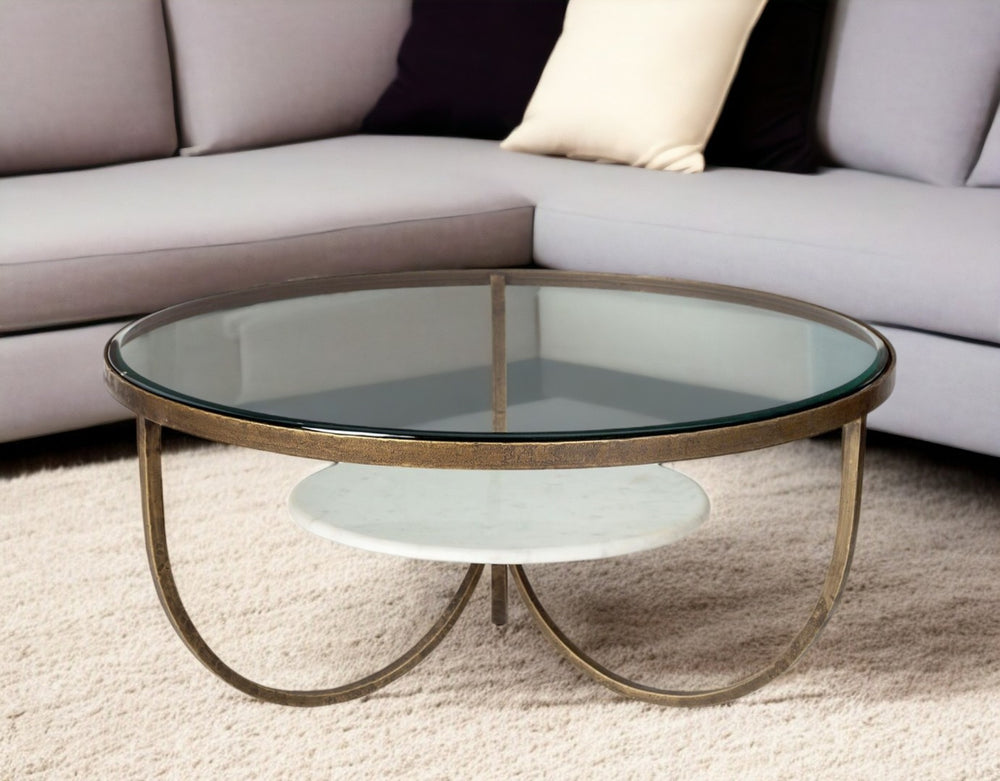 HomeRoots 36" Brown and Gold Round Coffee Table with Shelf - Modern Wood & Metal Accent for Living Spaces 376276