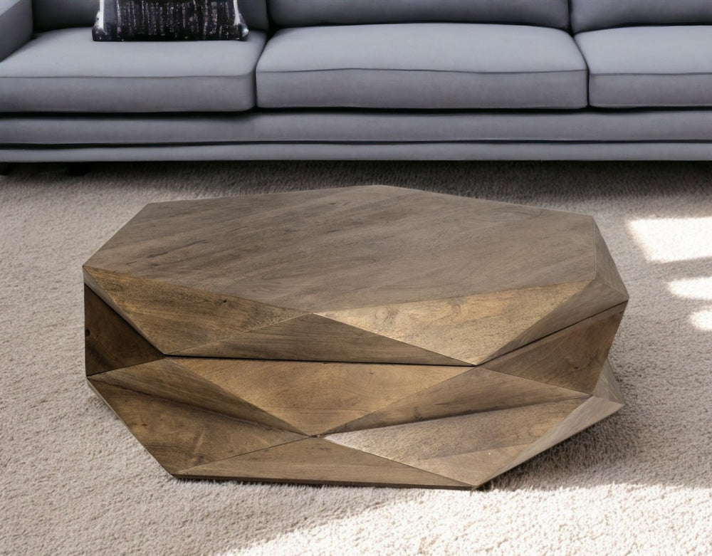 HomeRoots 48" Brown Wood Hexagon Coffee Table - Modern Geometric Centerpiece for Living Rooms & Offices 376278
