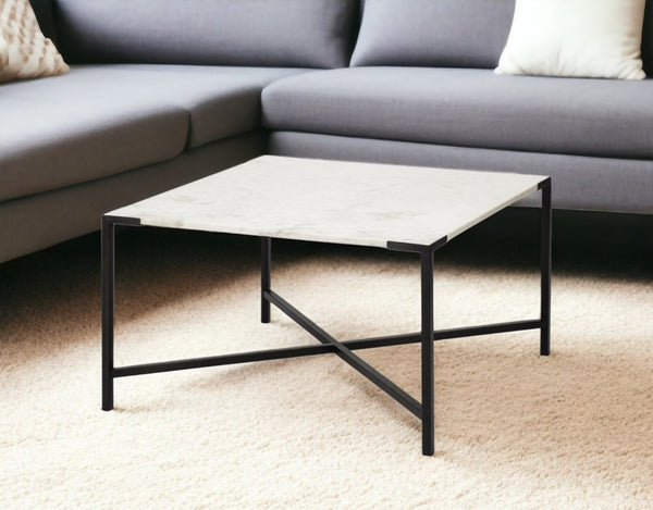HomeRoots 30" Black and White Marble Coffee Table with Stylish Metal Cross Legs - Modern & Versatile Design 376279