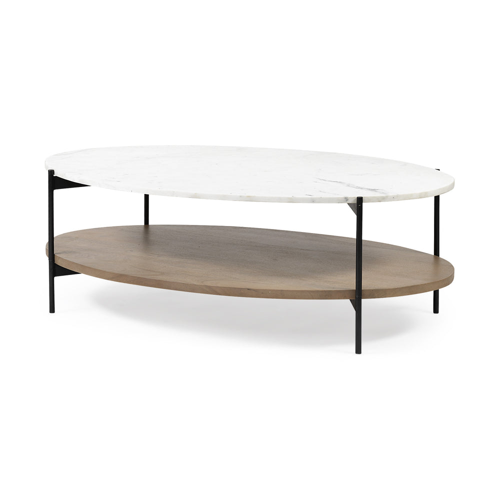 Homeroots Oval White Marble Top And Black Metal Base Coffee Table W Wood Shelf   376280