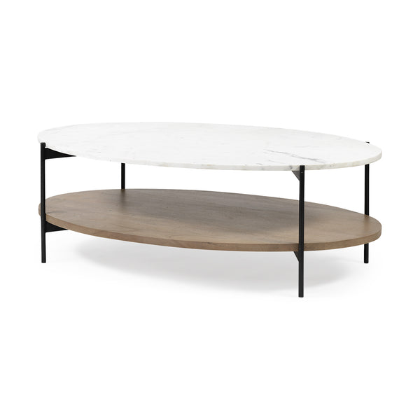 Homeroots Oval White Marble Top And Black Metal Base Coffee Table W Wood Shelf   376280