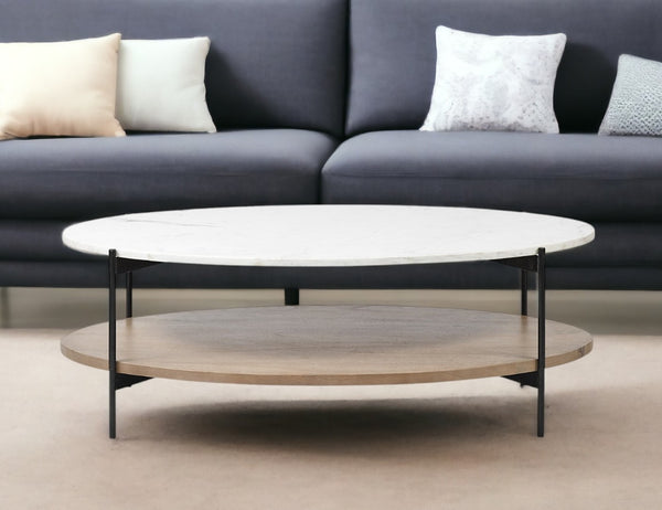 HomeRoots 48" Brown Marble Oval Coffee Table with Black Metal Base & Lower Shelf for Modern Elegance 376280