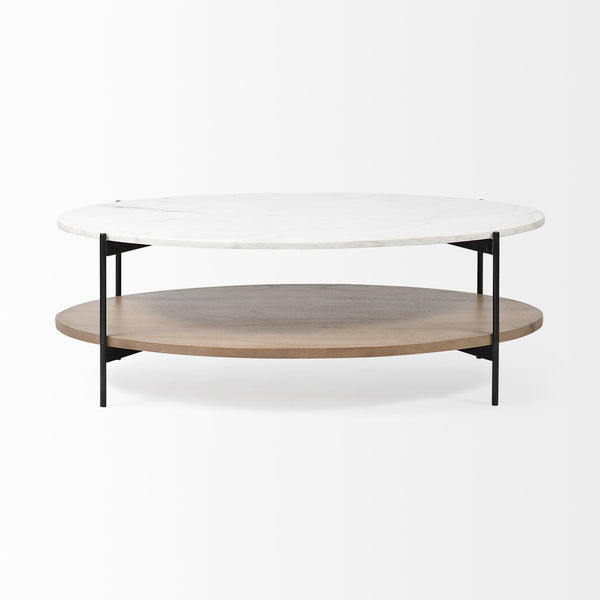 Homeroots Oval White Marble Top And Black Metal Base Coffee Table W Wood Shelf   376280