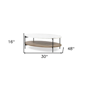 Homeroots Oval White Marble Top And Black Metal Base Coffee Table W Wood Shelf   376280