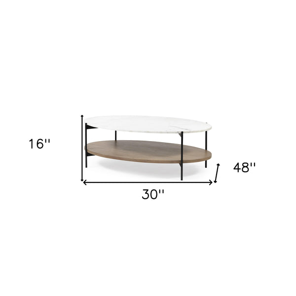 Homeroots Oval White Marble Top And Black Metal Base Coffee Table W Wood Shelf   376280