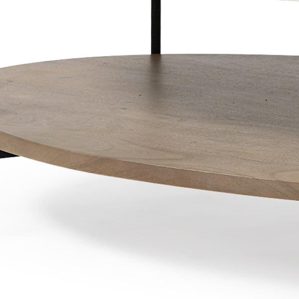 HomeRoots 48" Brown Marble Oval Coffee Table with Black Metal Base & Lower Shelf for Modern Elegance 376280