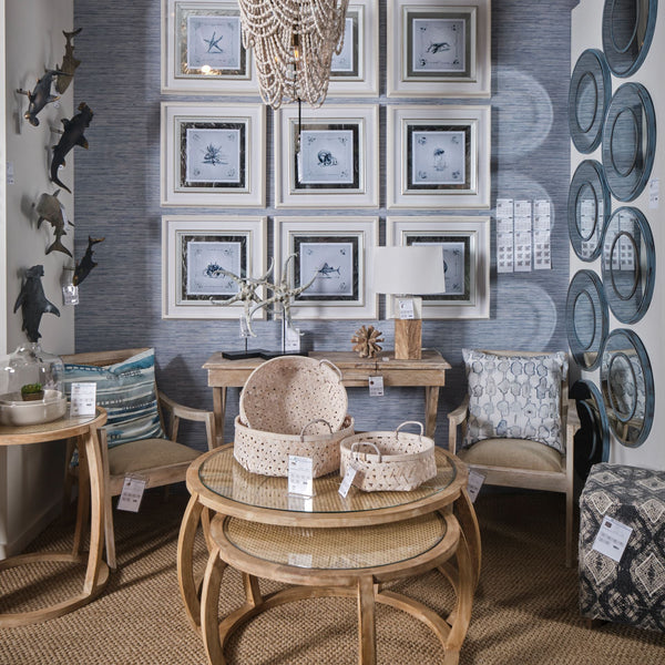 Homeroots S2 41.5" Round Woven Cane Glass Top And Solid Wood Coffee Tables   376281