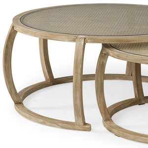 Homeroots S2 41.5" Round Woven Cane Glass Top And Solid Wood Coffee Tables   376281