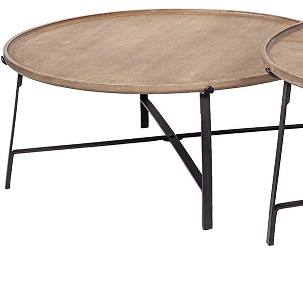 Homeroots Set Of Two 41" Brown And Black Solid Wood And Iron Round Nested Coffee Tables   376282