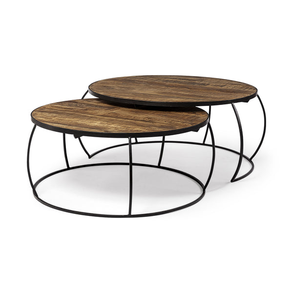 Homeroots Brown Round Nested Coffee Tables - Stylish Wood & Metal Design For Space-saving Home Decor   376284