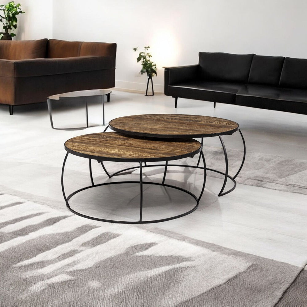 HomeRoots Brown Nested Coffee Table Set - Elegant Round Design with Wood Top & Metal Base for Modern Spaces 376284