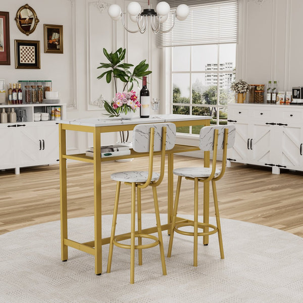 English Elm Dining 5-Piece Farmhouse Dinette Set with Sleek Metal Frame, Compact Mid-Century Table and 4 Chairs for Kitchen White+Gold W578P304320