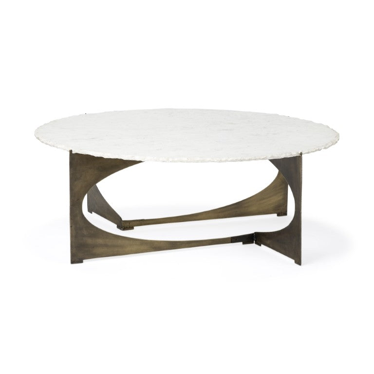 HomeRoots 49 Inch Round Marble Top Coffee Table with Gleaming Gold Metal Base for Living Room 376290