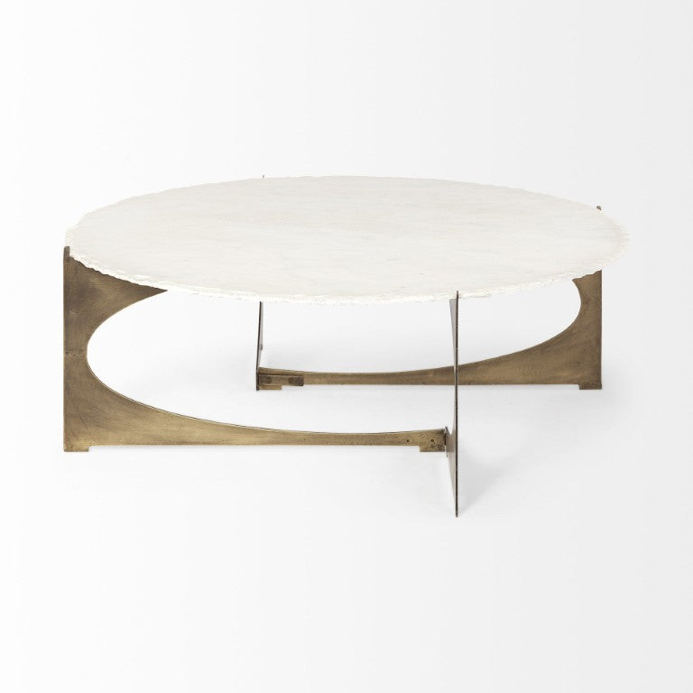 HomeRoots 49 Inch Round Marble Top Coffee Table with Gleaming Gold Metal Base for Living Room 376290