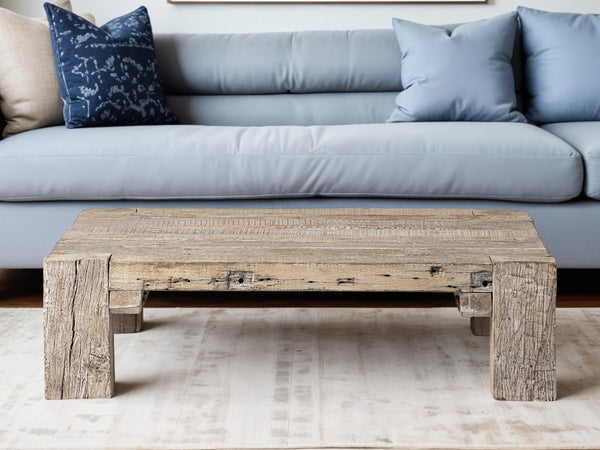 HomeRoots 48" Natural Wood Coffee Table - Distressed Rustic Charm with Spacious Top for Living Room Elegance 376292