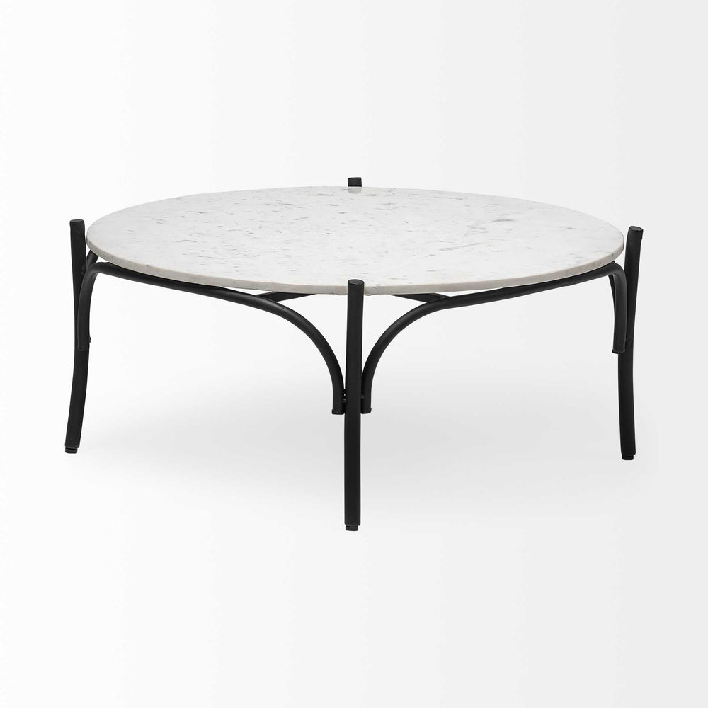 Homeroots 36" Round White Marble Top Black And Metal Base Coffee Table   376297