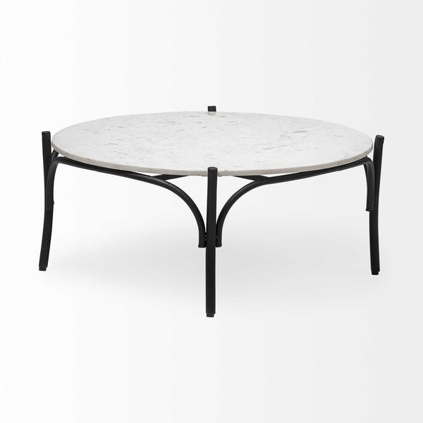 Homeroots 36" Round White Marble Top Black And Metal Base Coffee Table   376297