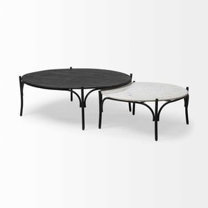Homeroots 36" Round White Marble Top Black And Metal Base Coffee Table   376297