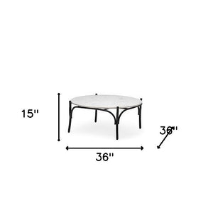 Homeroots 36" Round White Marble Top Black And Metal Base Coffee Table   376297
