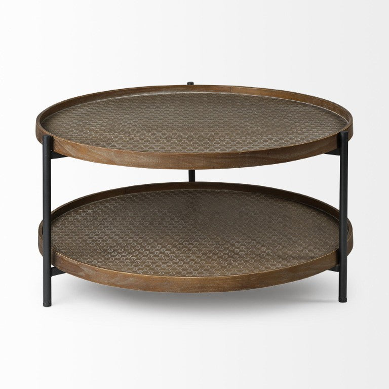 HomeRoots 33 Inch Round Coffee Table Solid Wood Iron Frame with Lower Storage Shelf Living Room 376300