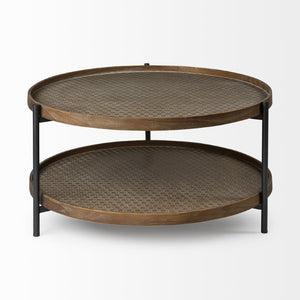 HomeRoots 33 Inch Round Coffee Table Solid Wood Iron Frame with Lower Storage Shelf Living Room 376300
