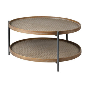 33 Inch Round Coffee Table Solid Wood Iron Frame with Lower Storage Shelf Living Room