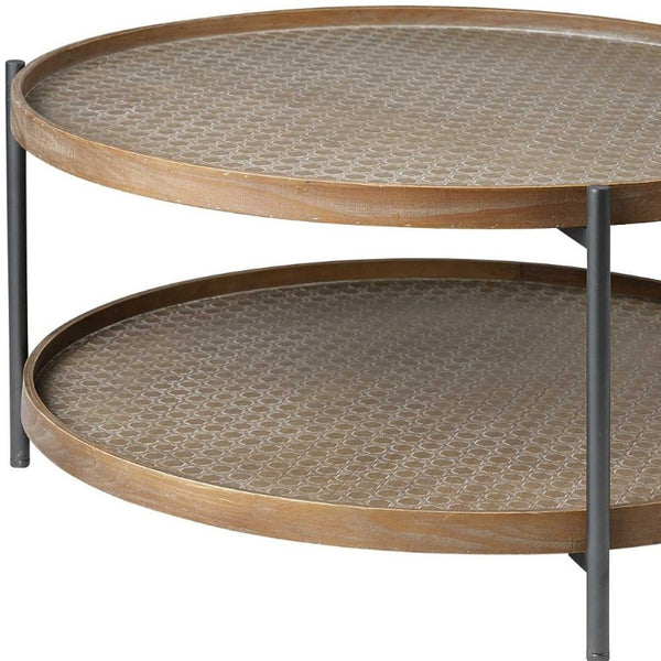 33 Inch Round Coffee Table Solid Wood Iron Frame with Lower Storage Shelf Living Room