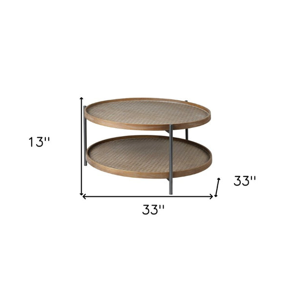 33 Inch Round Coffee Table Solid Wood Iron Frame with Lower Storage Shelf Living Room