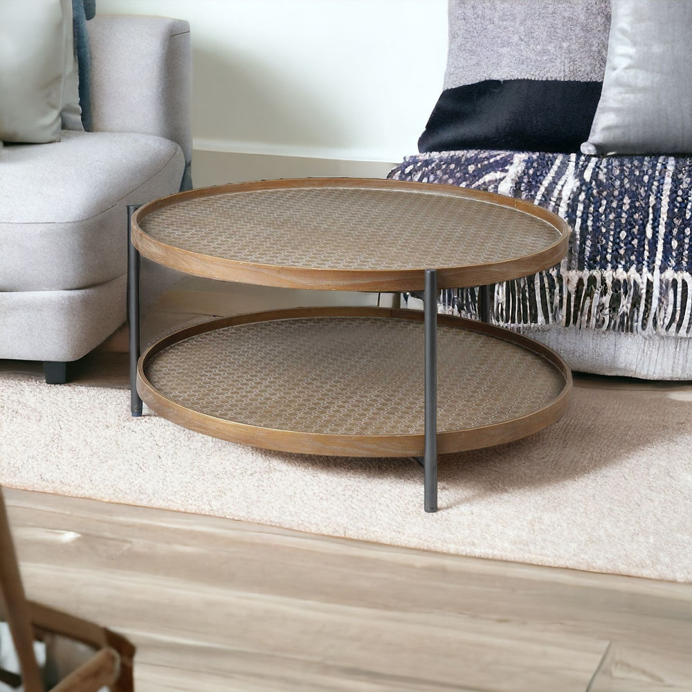 Homeroots 33" Brown And Black Wood And Metal Two Tier Coffee Table   376300