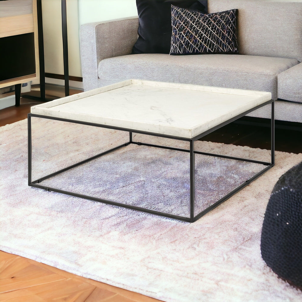 Homeroots 36" White And Black Genuine Marble And Metal Square Coffee Table   376304