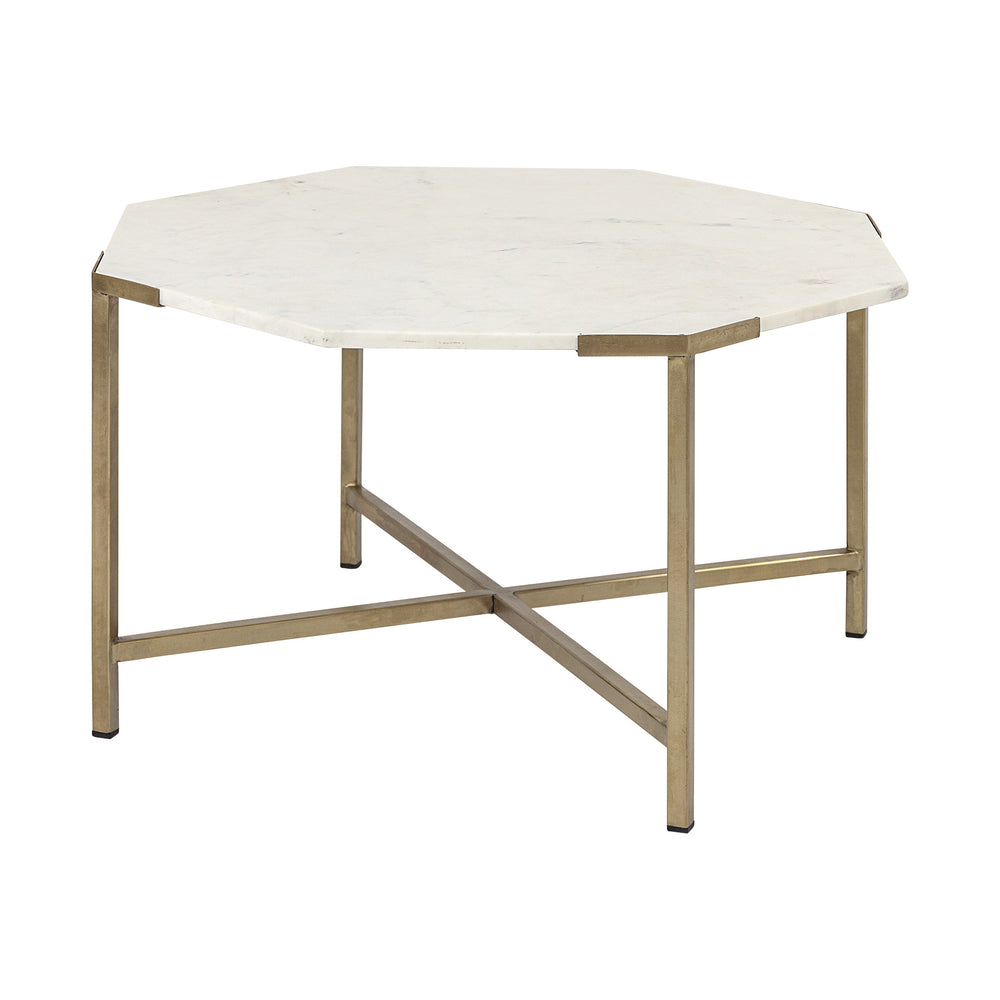 Homeroots 33" White And Gold Genuine Marble And Metal Octagon Coffee Table   376305