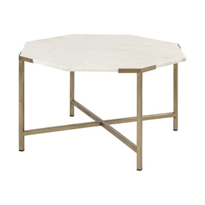 Homeroots 33" White And Gold Genuine Marble And Metal Octagon Coffee Table   376305