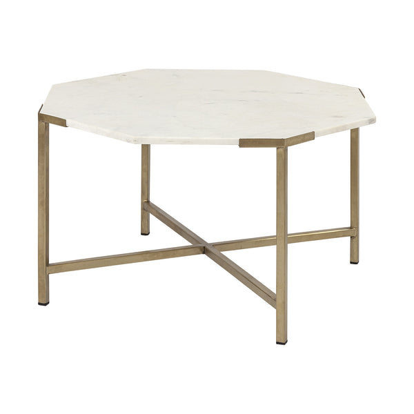 Homeroots 33" White And Gold Genuine Marble And Metal Octagon Coffee Table   376305