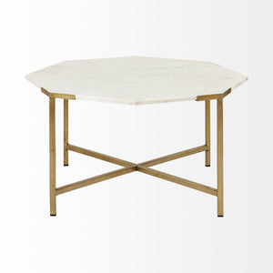 Homeroots 33" White And Gold Genuine Marble And Metal Octagon Coffee Table   376305