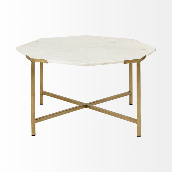 Homeroots 33" White And Gold Genuine Marble And Metal Octagon Coffee Table   376305